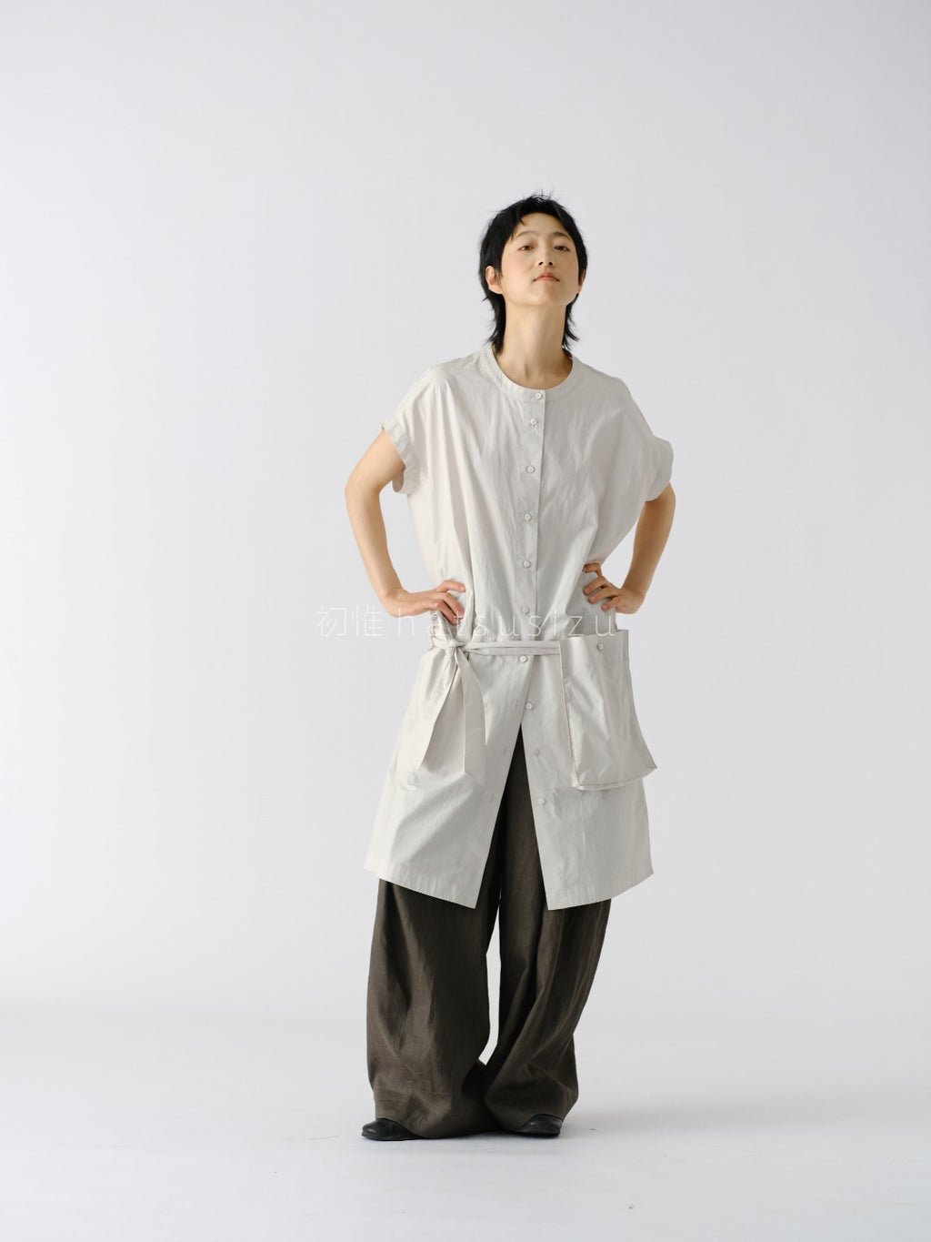 スタンドカラー ロングシャツ
