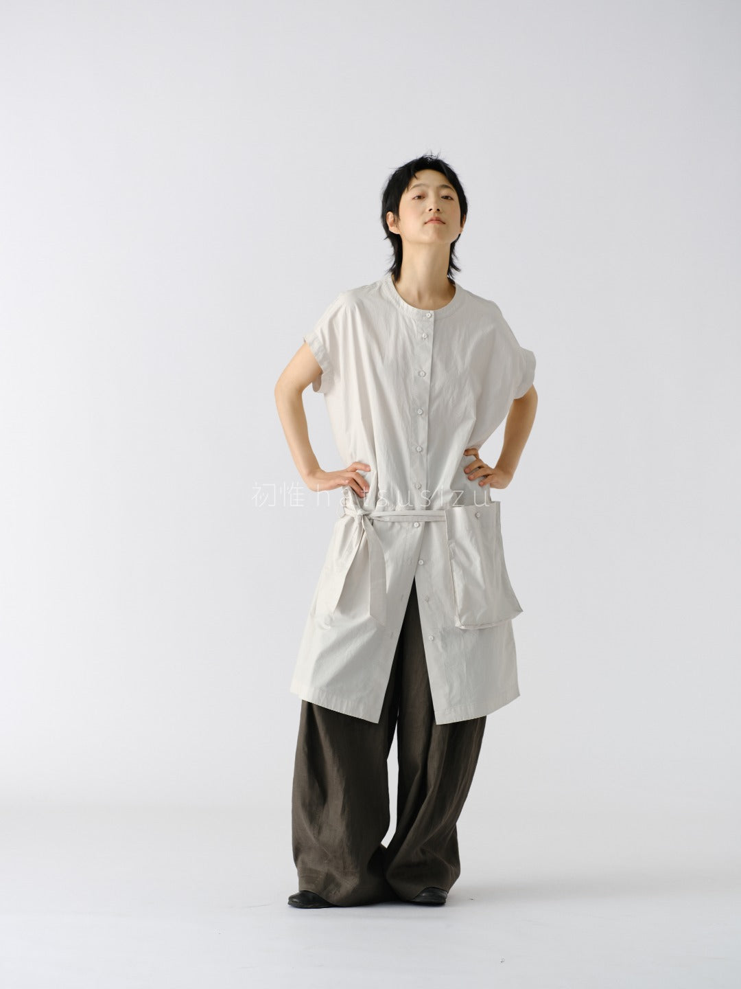 スタンドカラー ロングシャツ