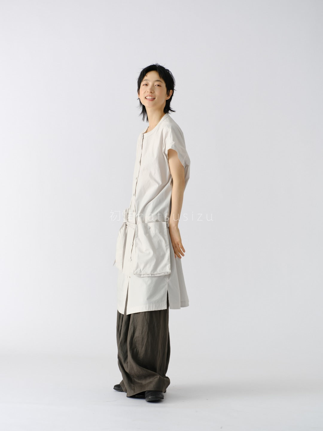 スタンドカラー ロングシャツ