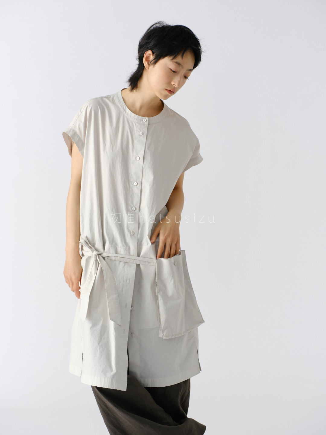 スタンドカラー ロングシャツ