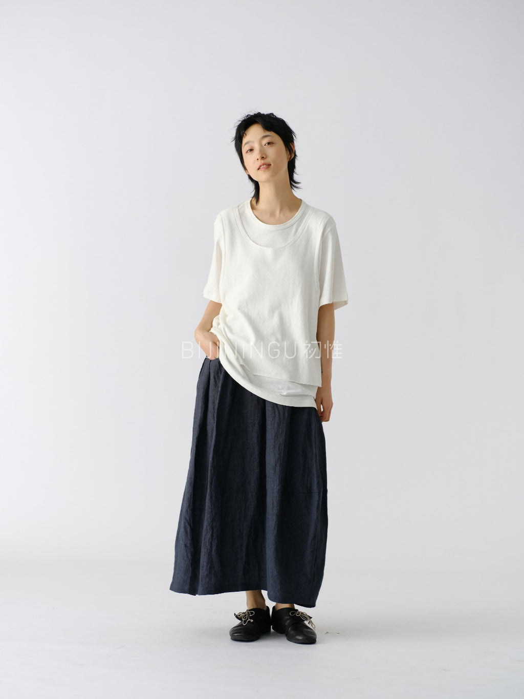 ヘンプコットン レイヤード風ニットTシャツ