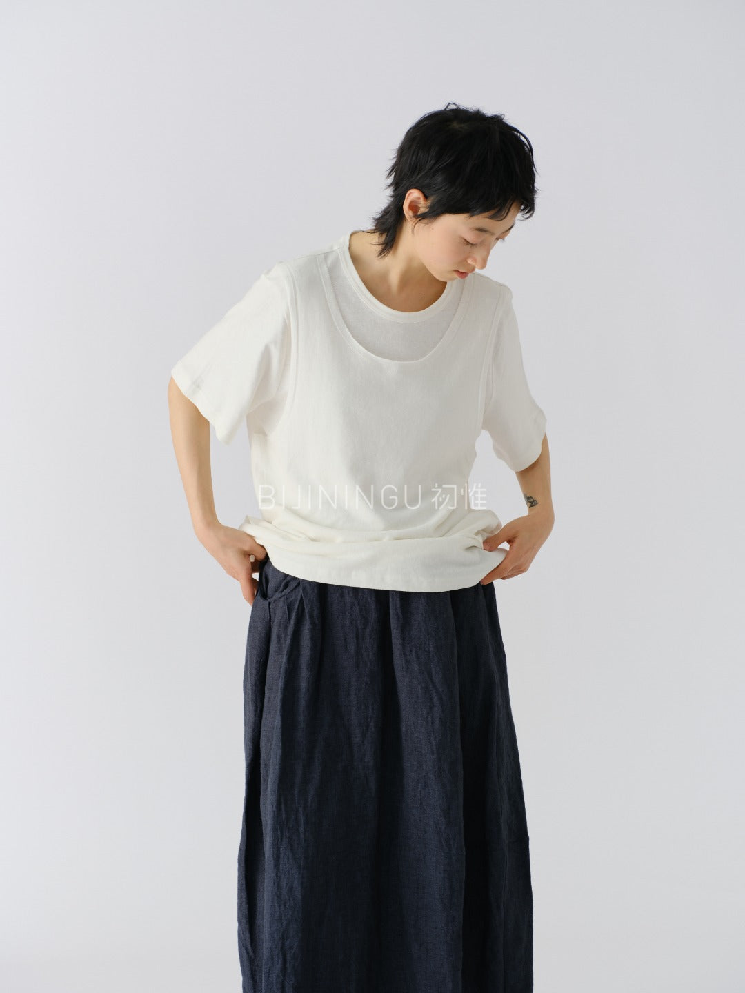 ヘンプコットン レイヤード風ニットTシャツ