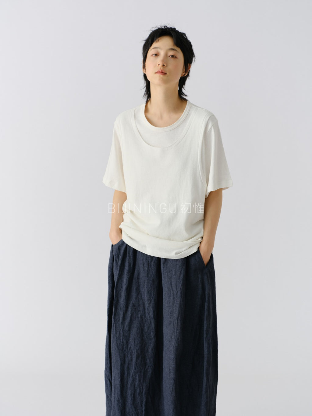 ヘンプコットン レイヤード風ニットTシャツ