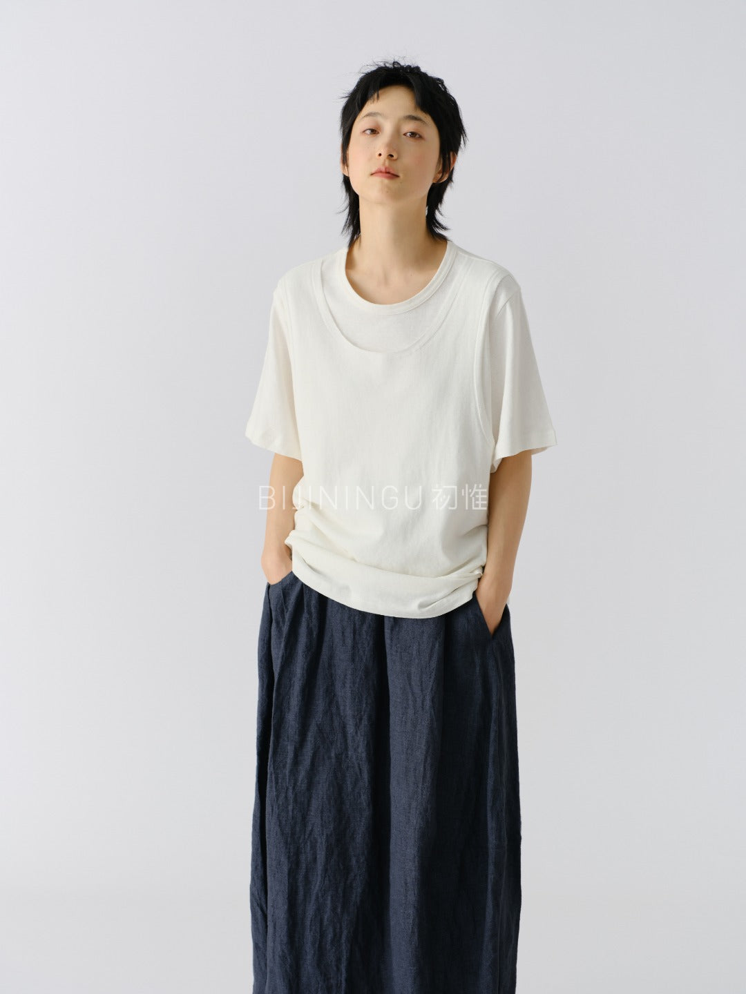 ヘンプコットン レイヤード風ニットTシャツ