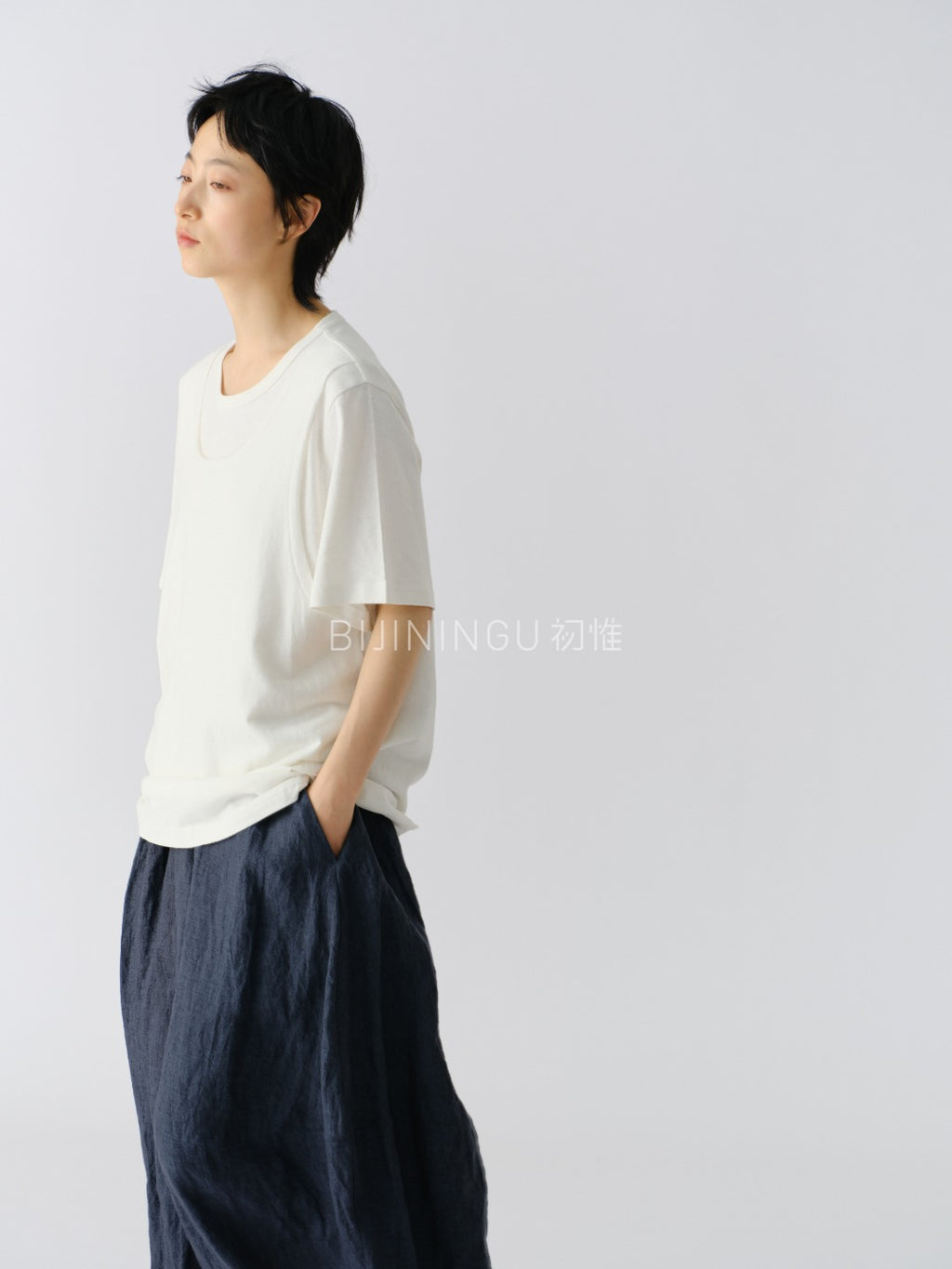ヘンプコットン レイヤード風ニットTシャツ
