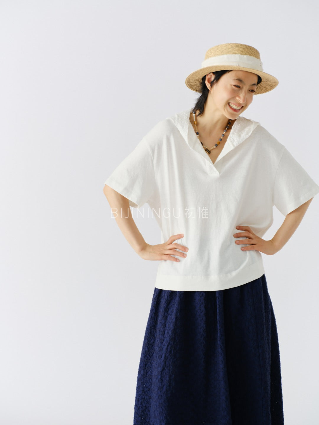 異素材フード付きショートTシャツ