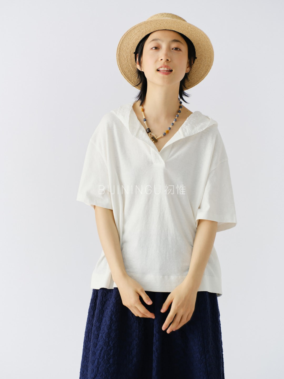 異素材フード付きショートTシャツ
