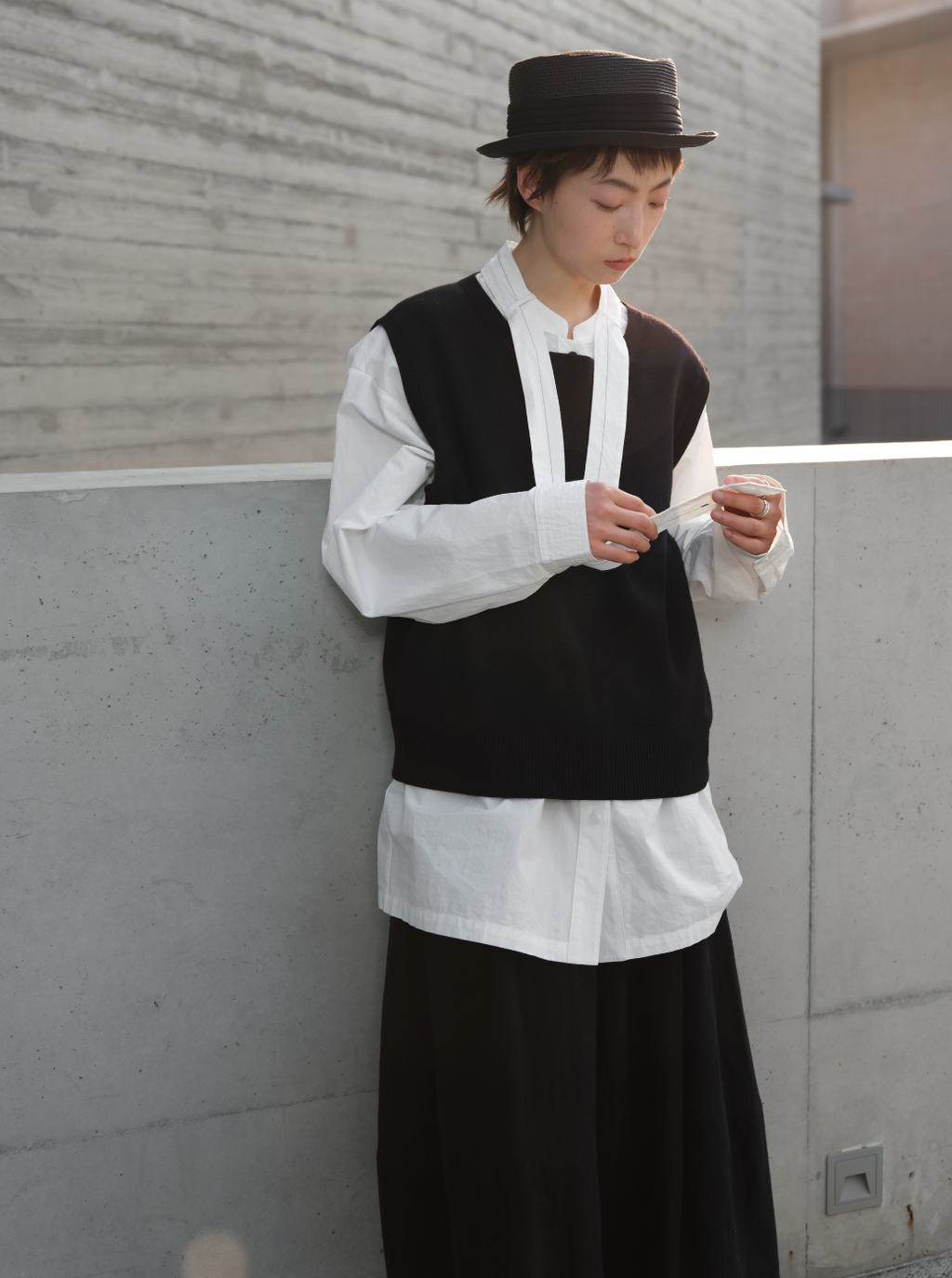 ネックリボン長袖シャツ