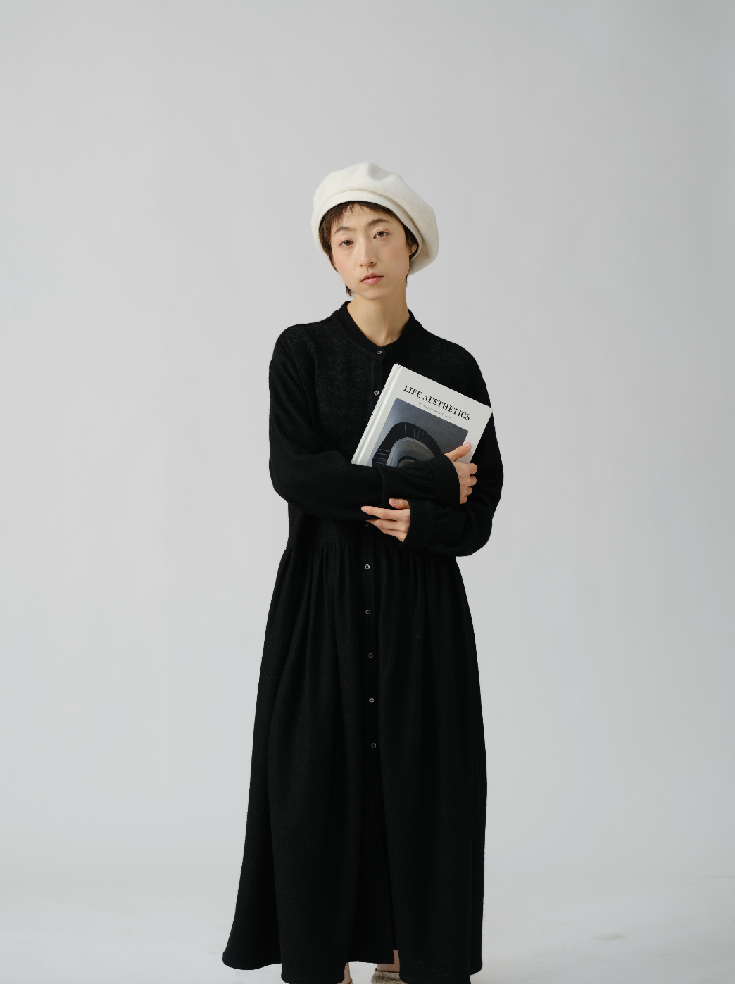 刺繍ウール長袖ワンピース