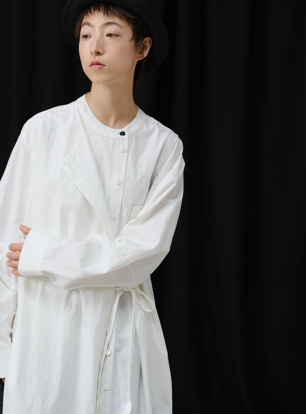 配色ポケットレイヤード風シャツワンピース