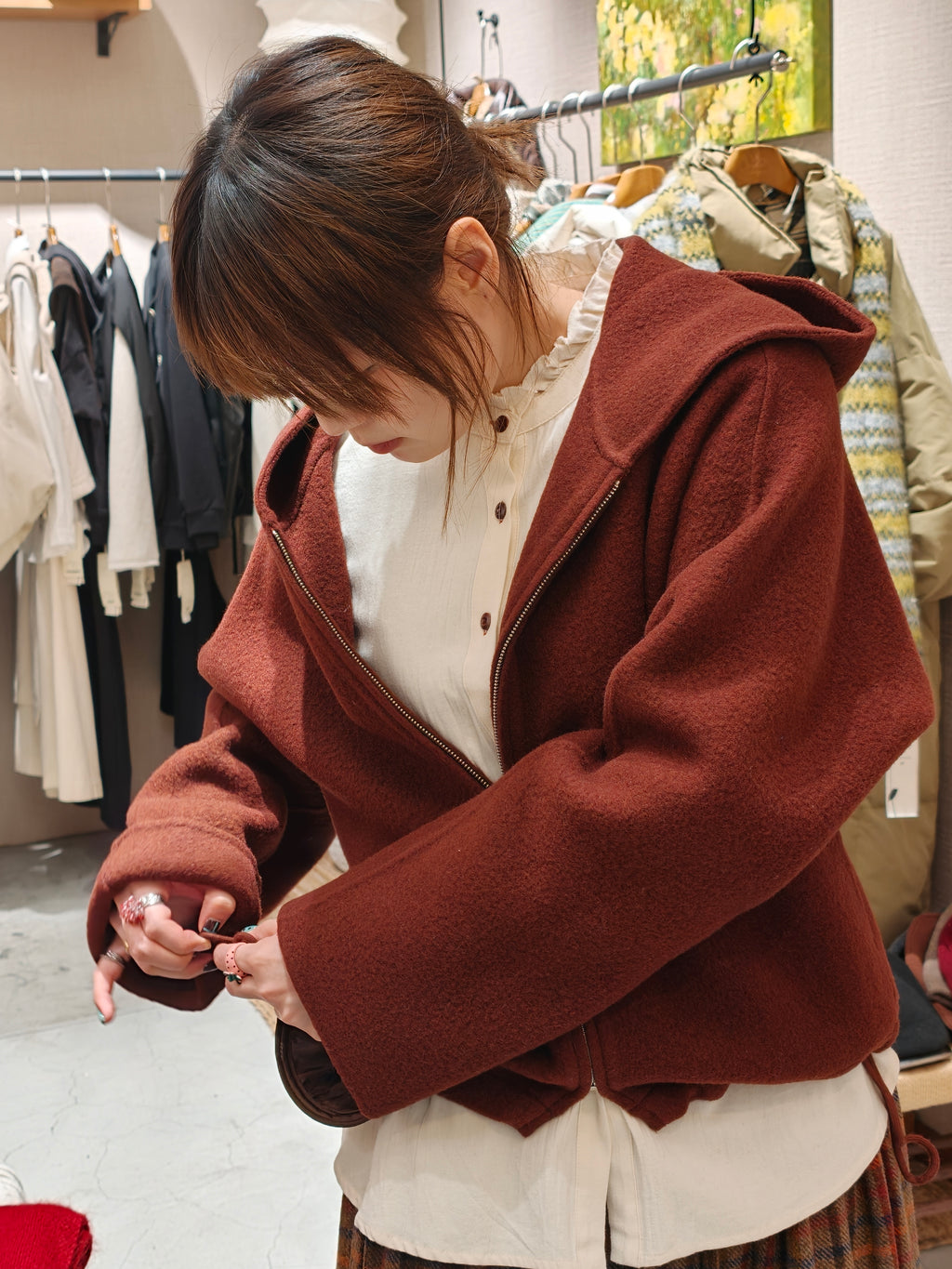 フード付きウールコート